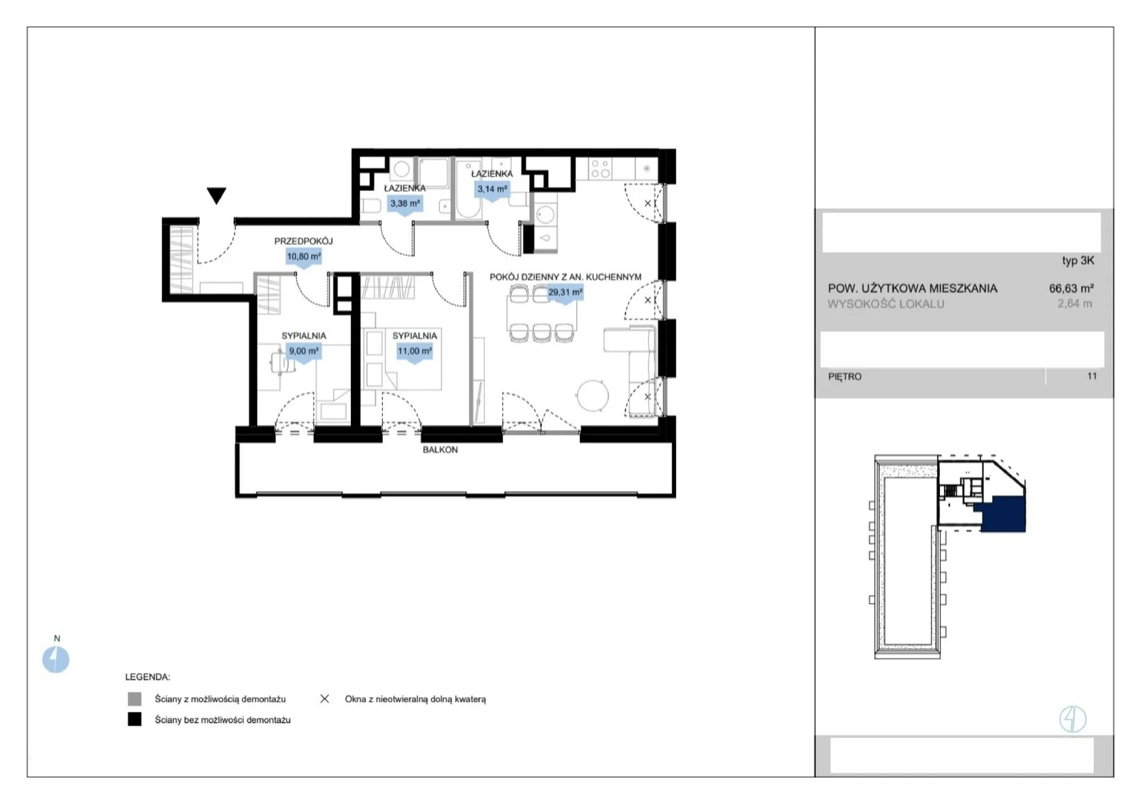 Floor plan: Lokal E3 44, 3 pok.
