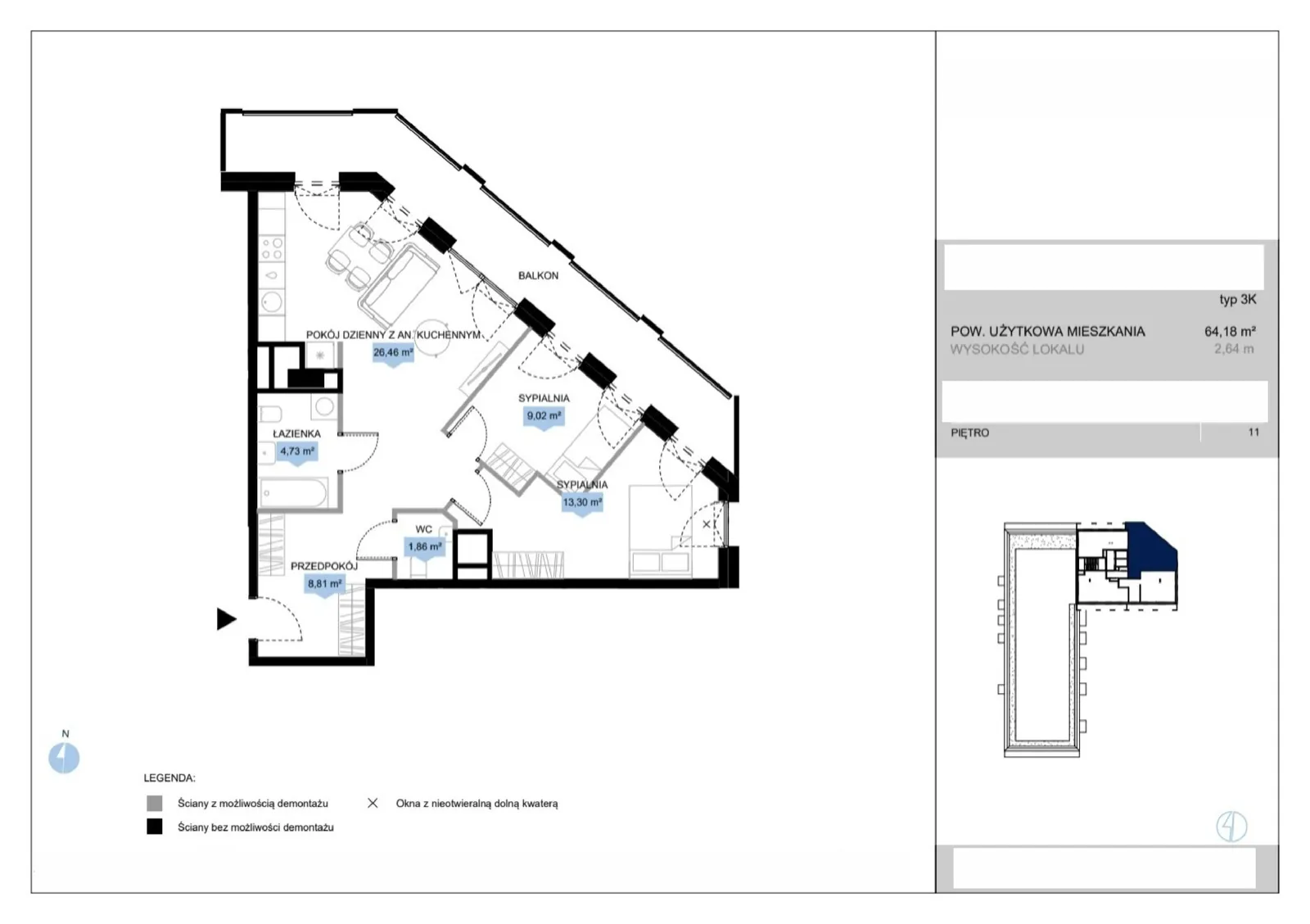Floor plan: Lokal E3 43, 3 pok.