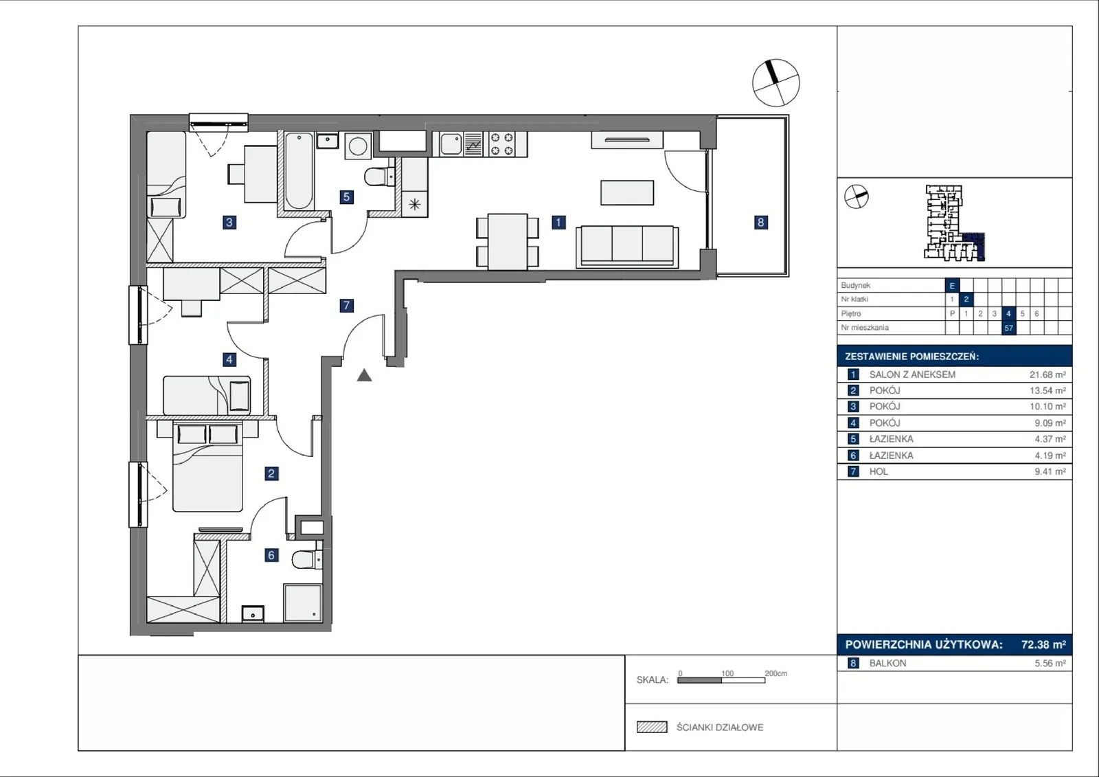 Floor plan: Lokal E 57, 4 pok.