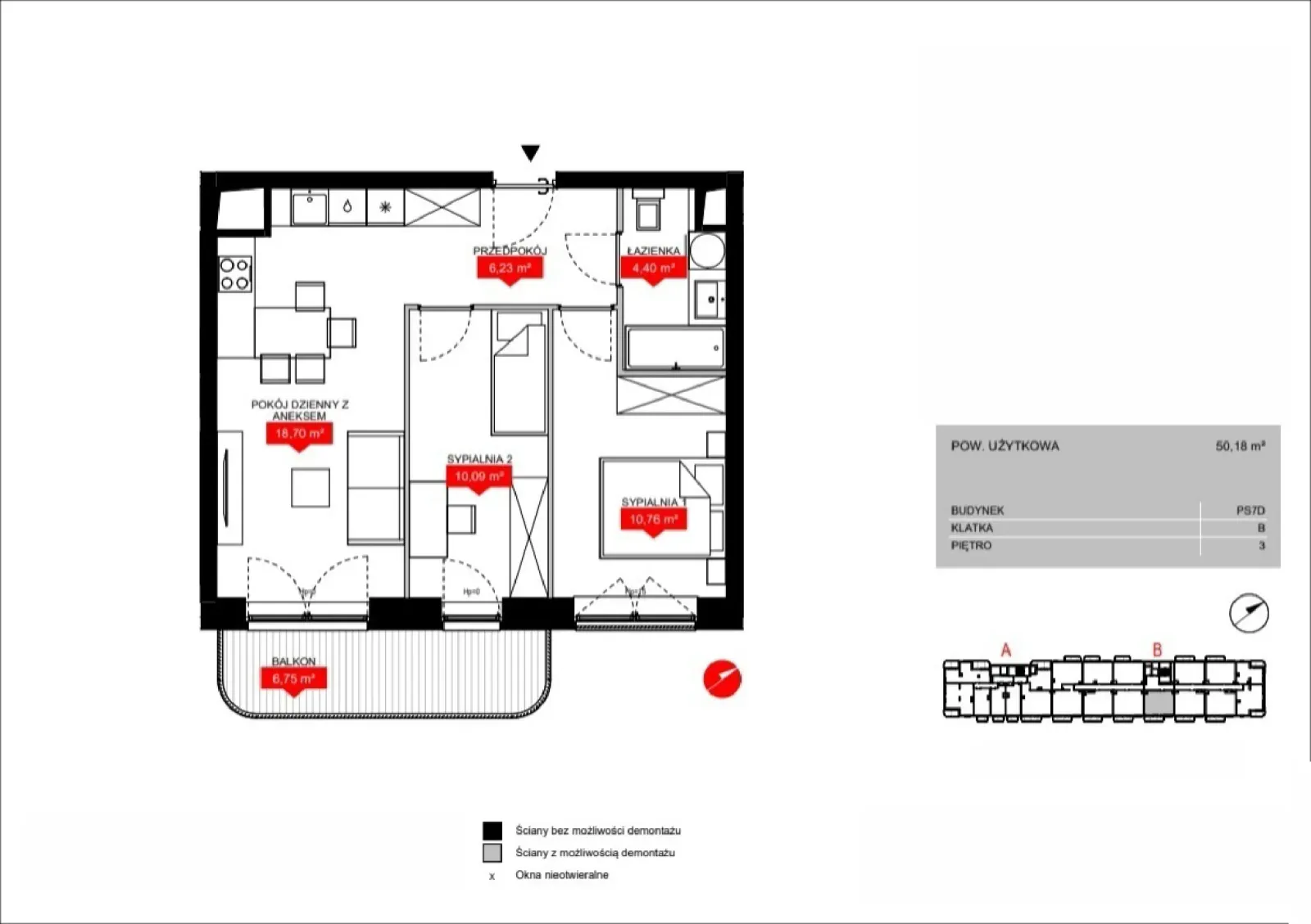 Floor plan: Lokal PS7D B/3/B0307, 3 pok.