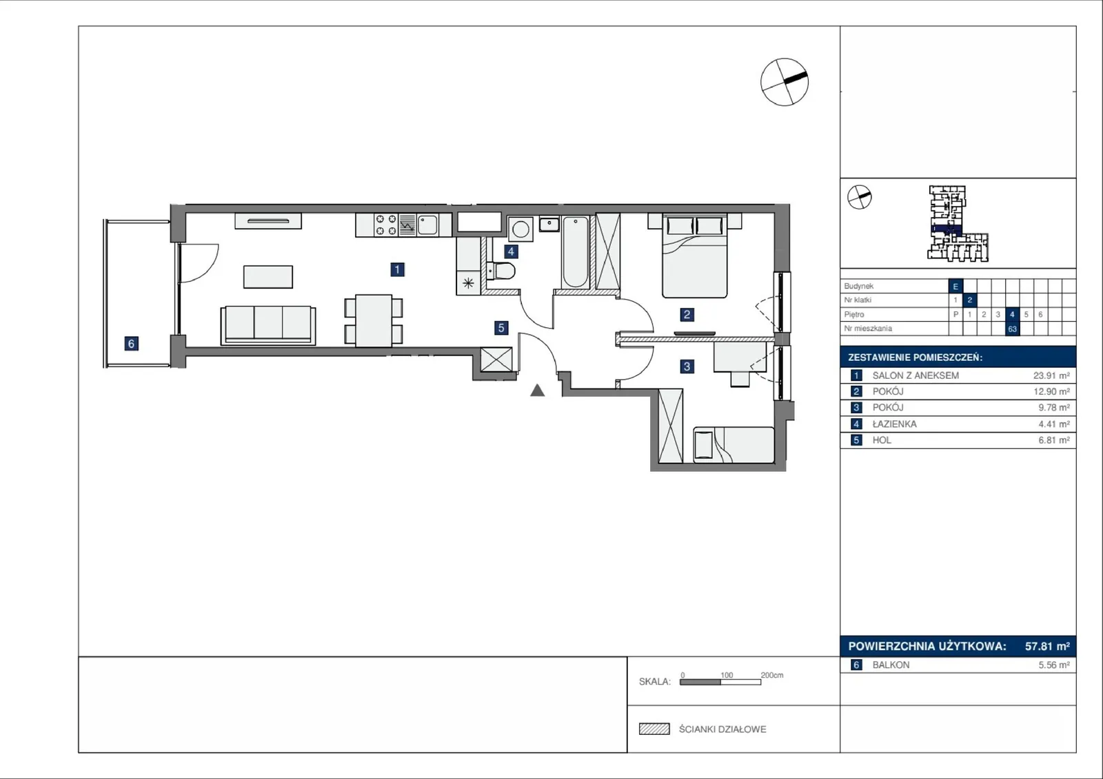 Floor plan: Lokal E 63, 3 pok.