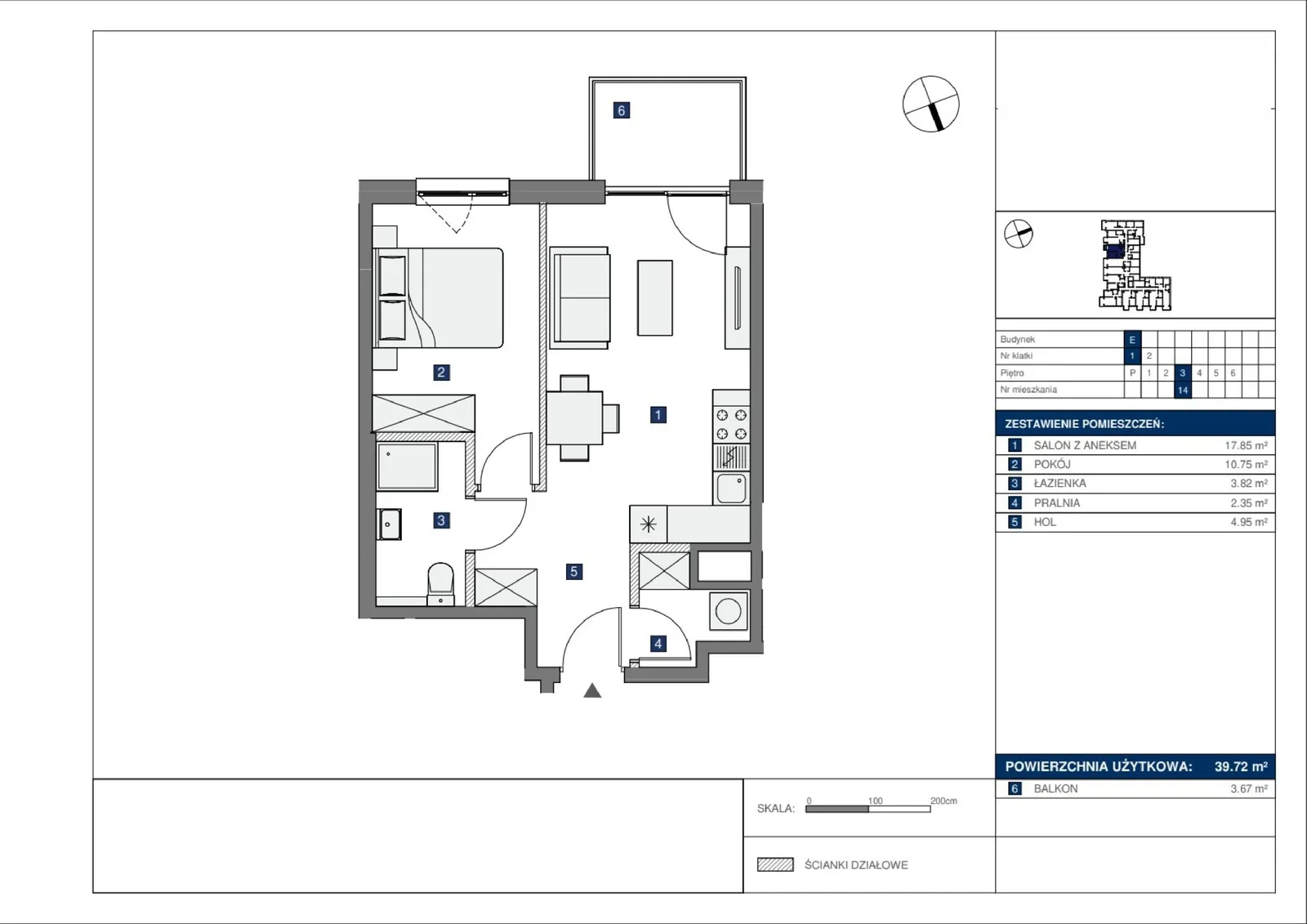 Floor plan: Lokal E 14, 2 pok.