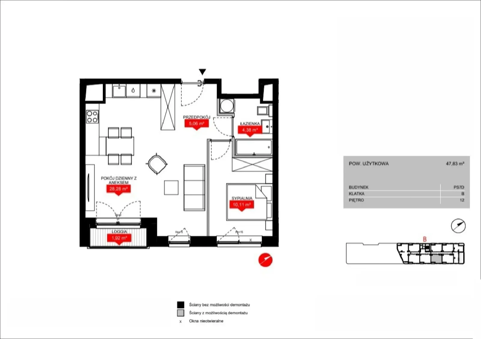 Floor plan: Lokal PS7D B/12/B1205, 2 pok.