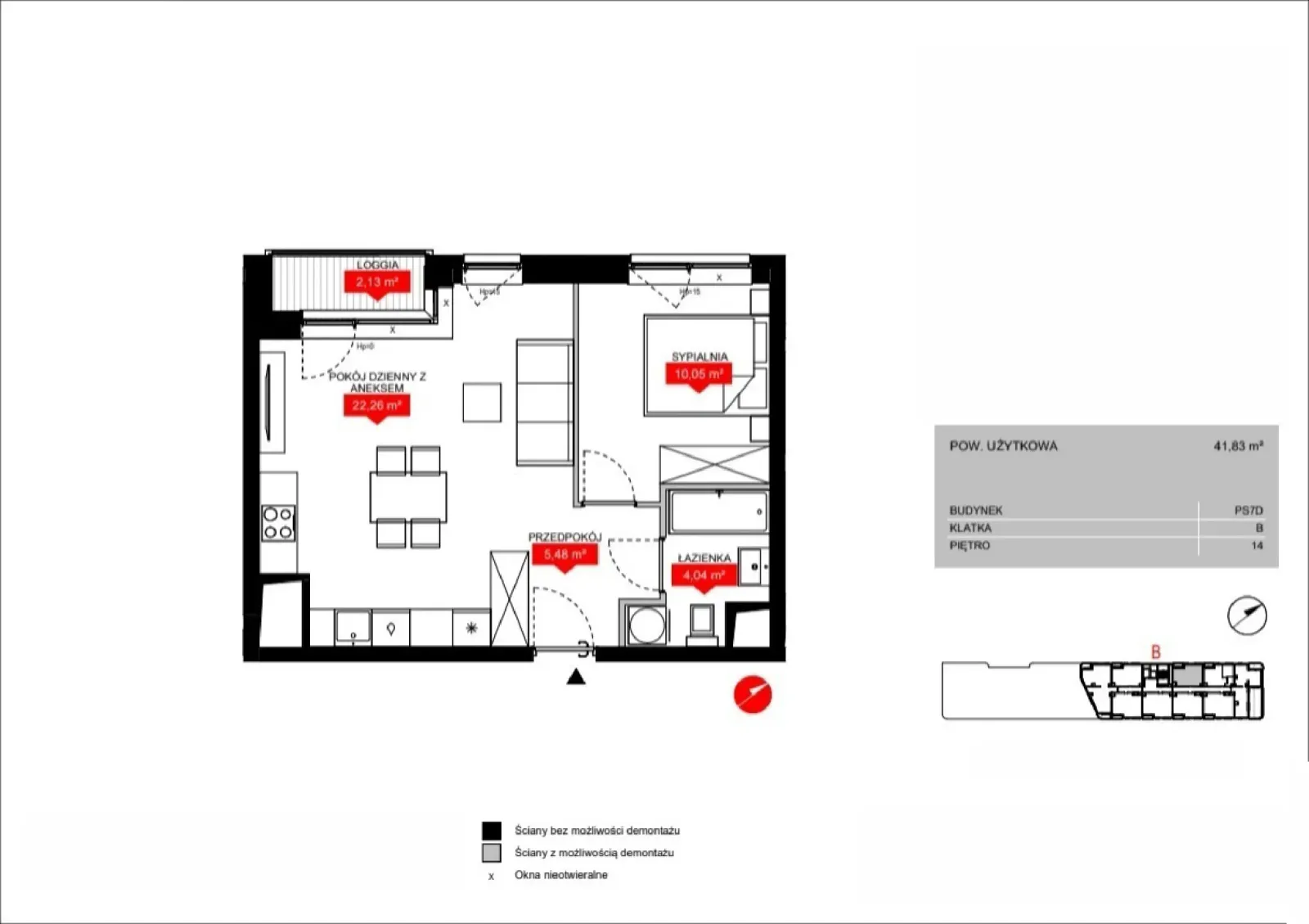Floor plan: Lokal PS7D B/14/B1401, 2 pok.