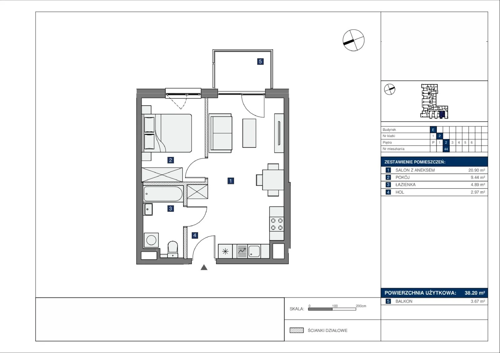Floor plan: Lokal E 44, 2 pok.