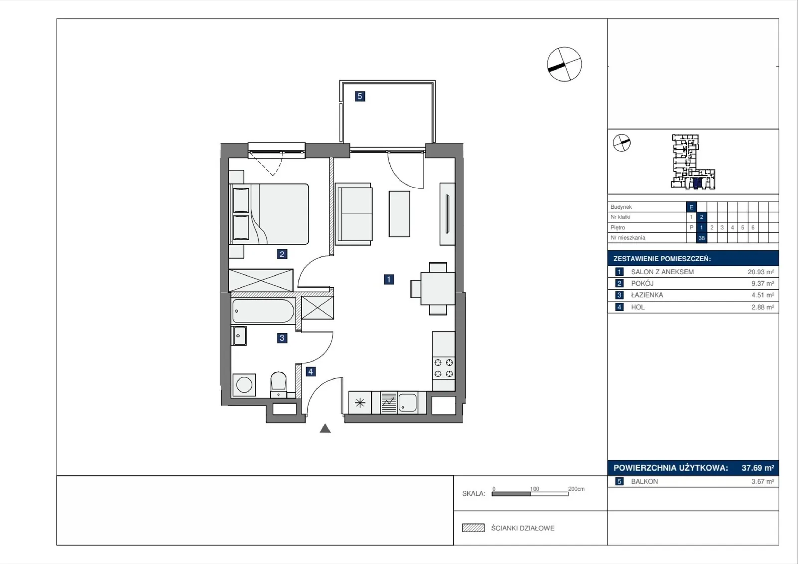 Floor plan: Lokal E 38, 2 pok.