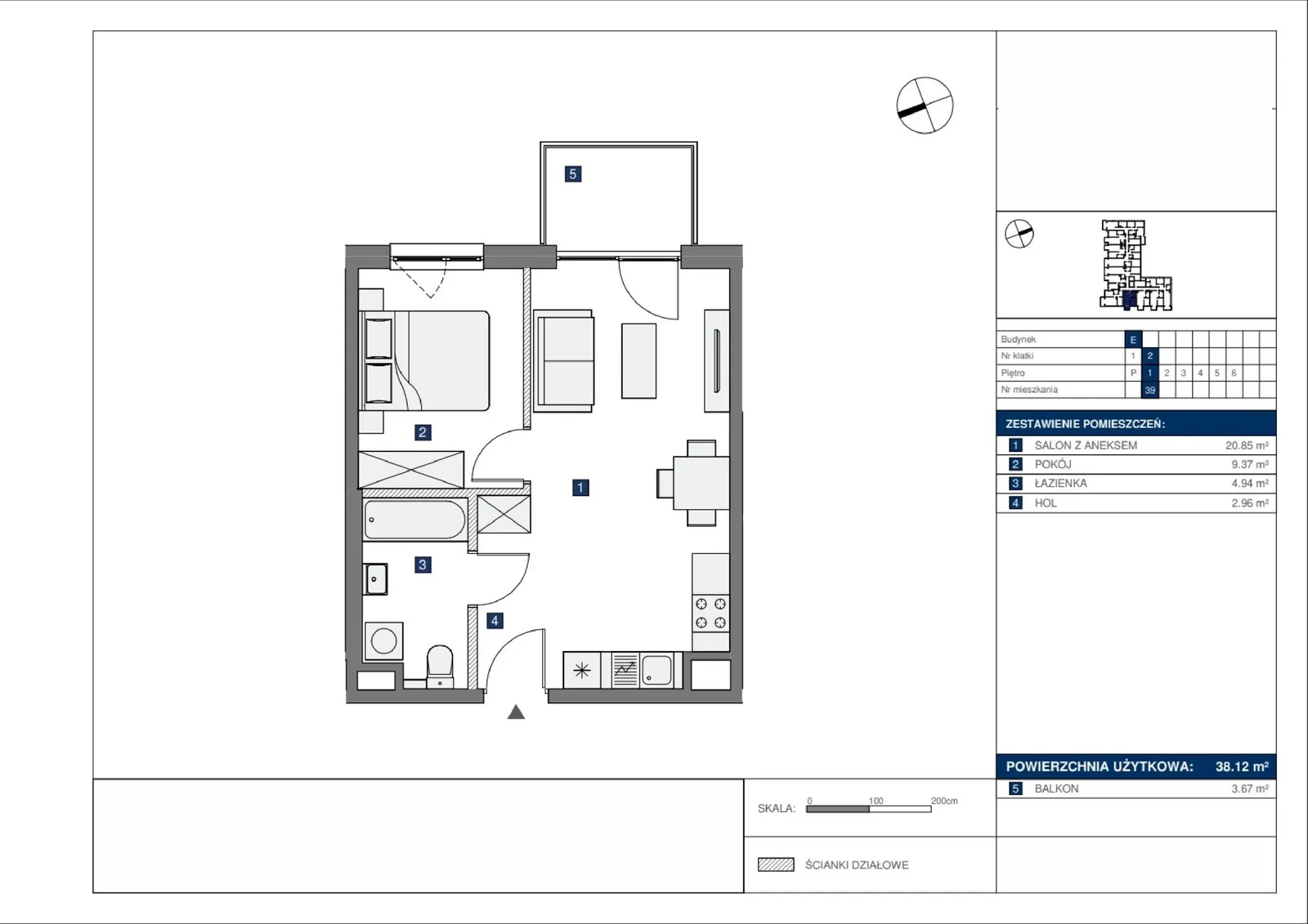 Floor plan: Lokal E 39, 2 pok.