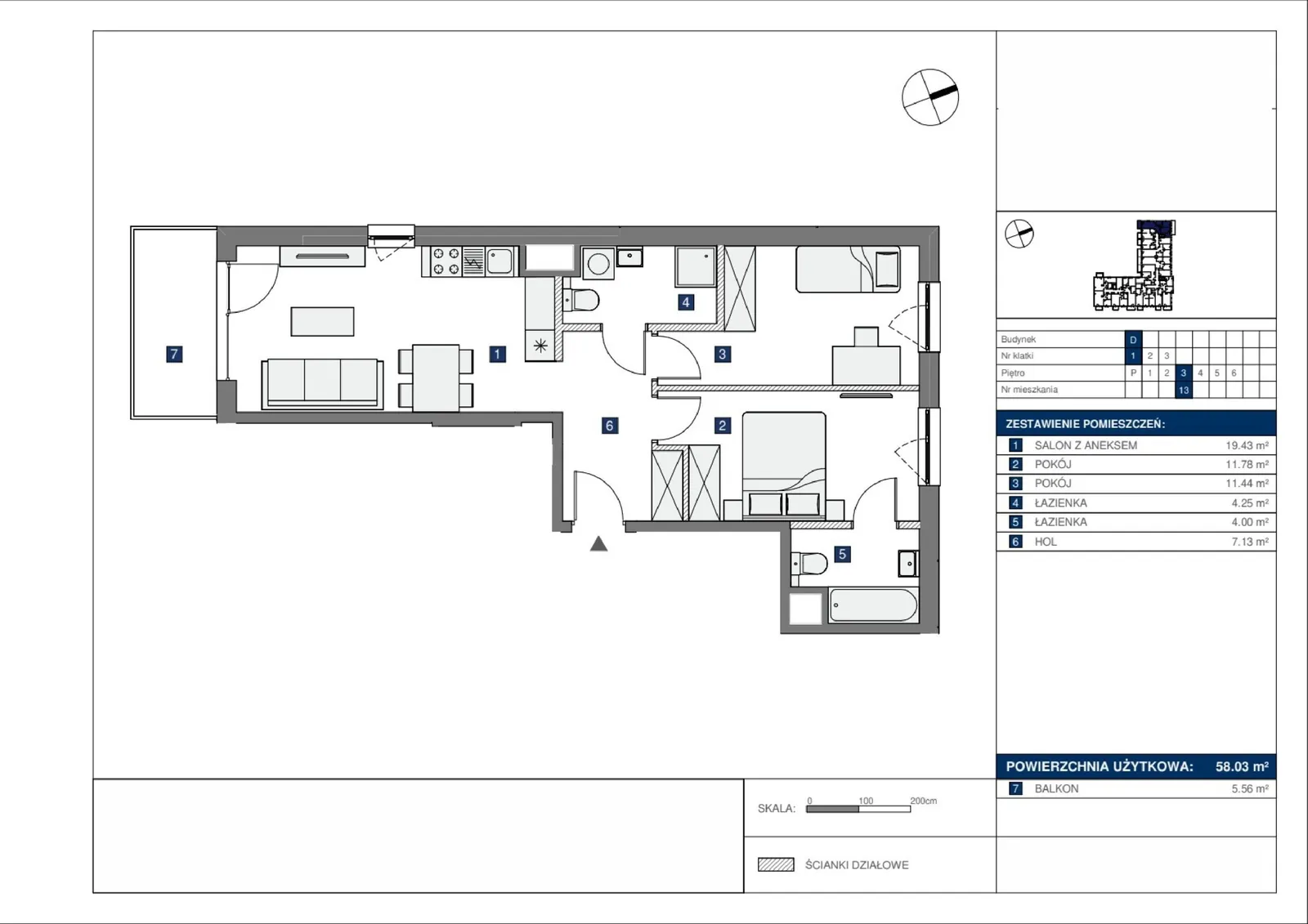 Floor plan: Lokal D 13, 3 pok.