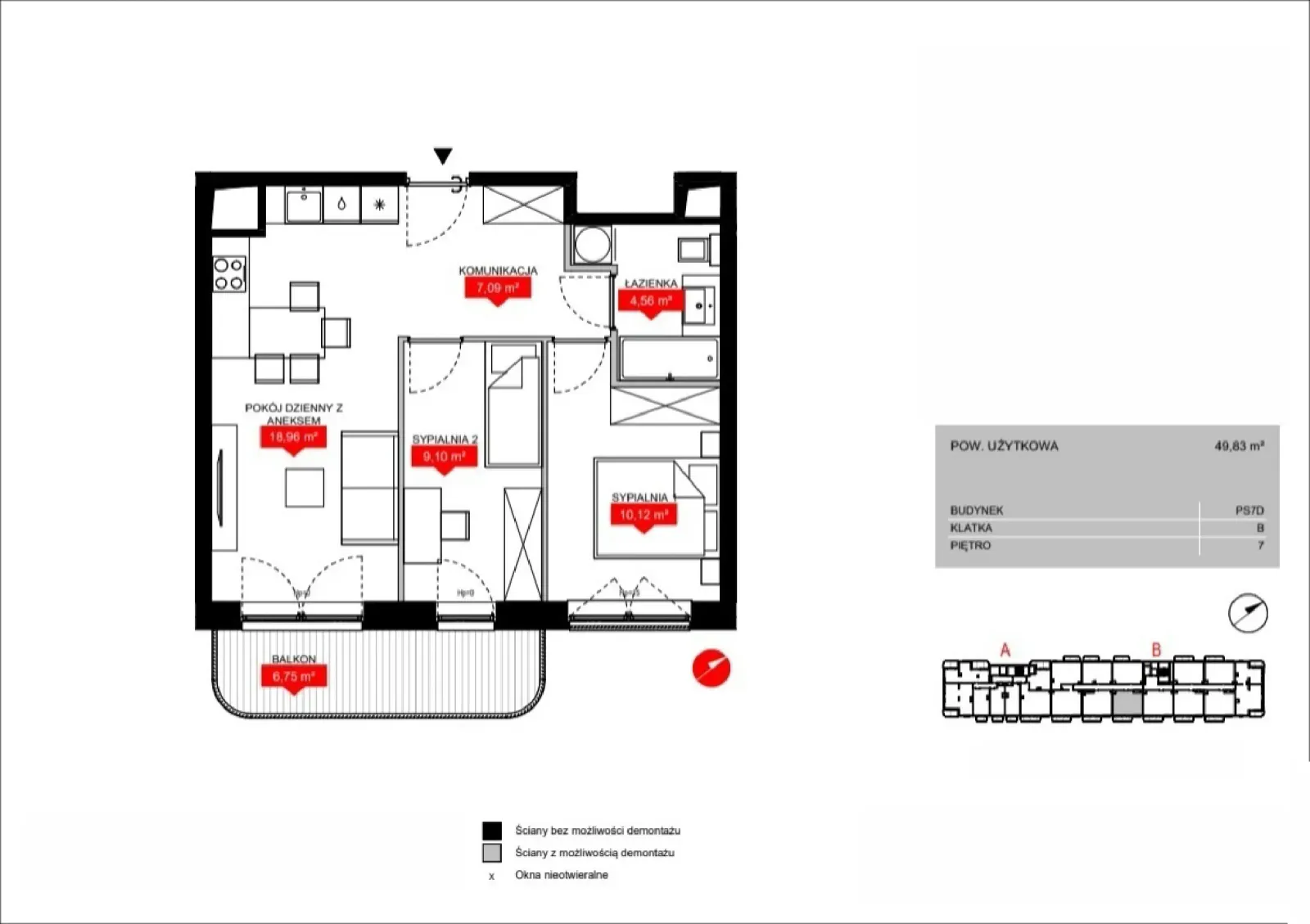 Floor plan: Lokal PS7D B/7/B0707, 3 pok.