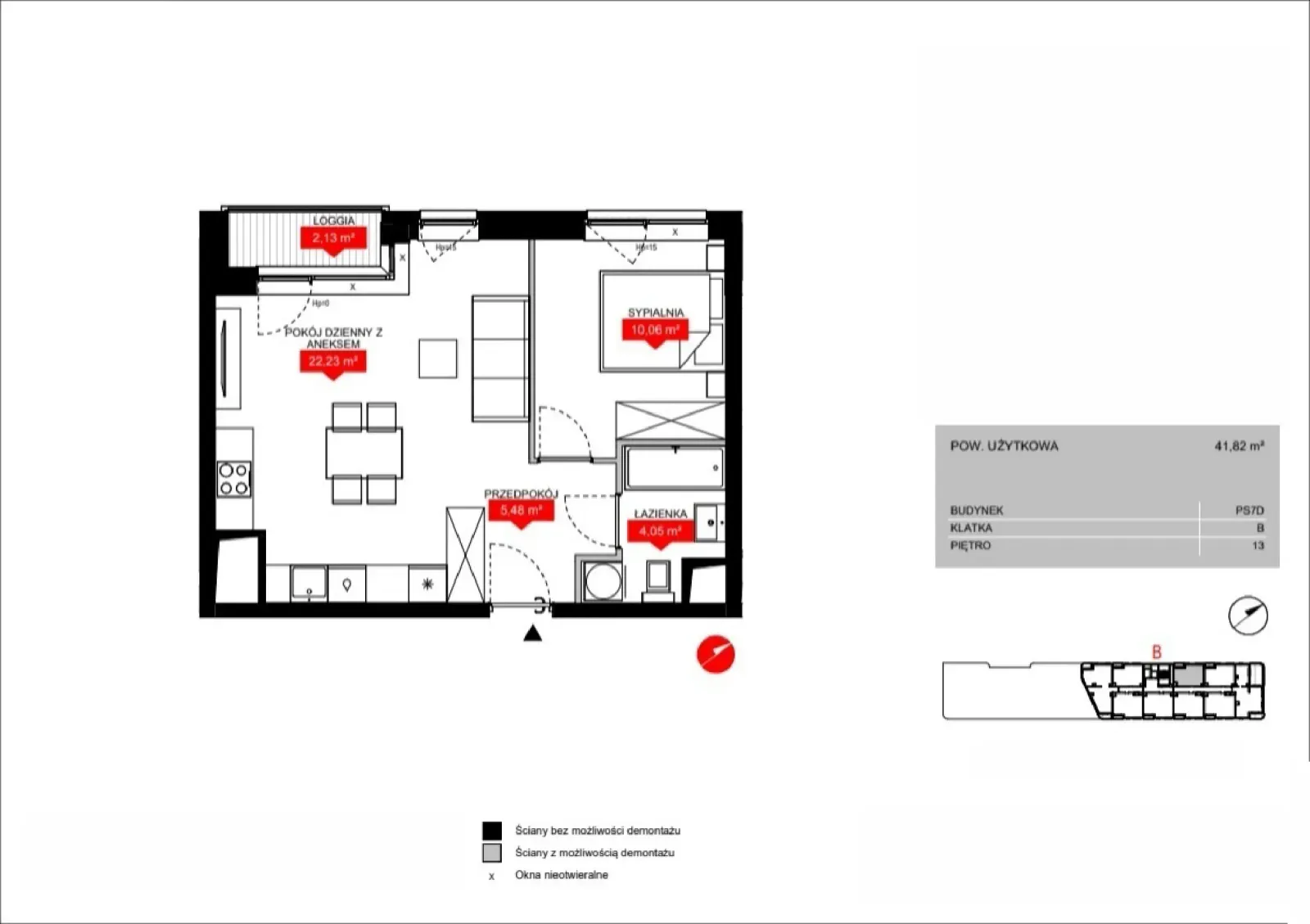 Floor plan: Lokal PS7D B/13/B1301, 2 pok.