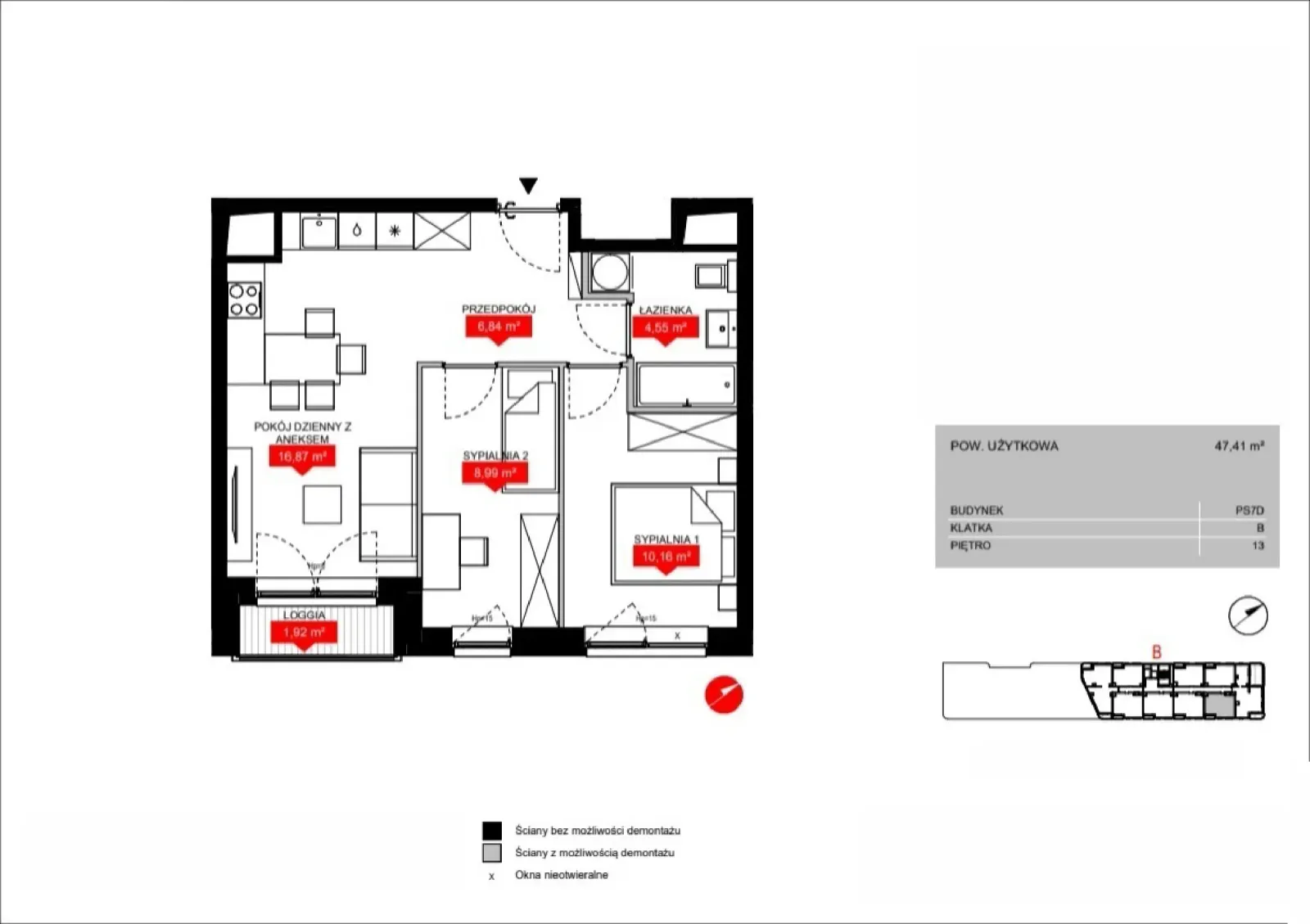 Floor plan: Lokal PS7D B/13/B1304, 3 pok.