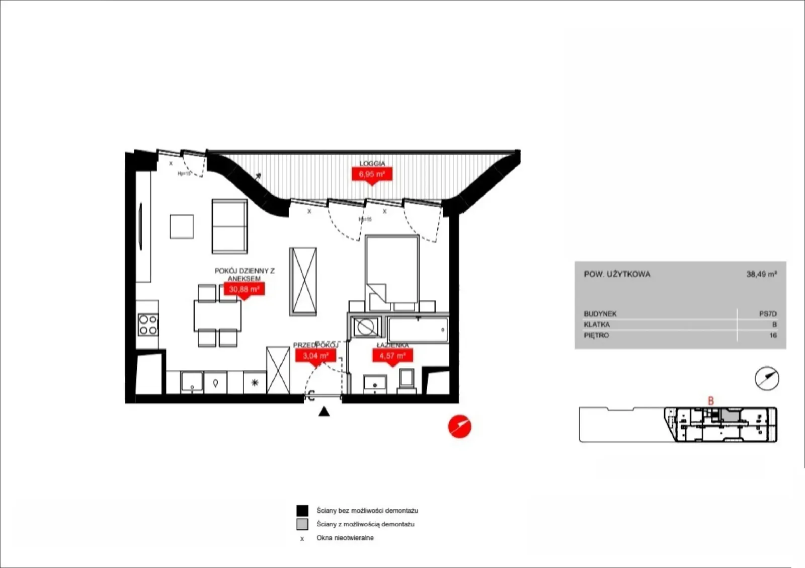 Floor plan: Lokal PS7D B/16/B1601, 2 pok.