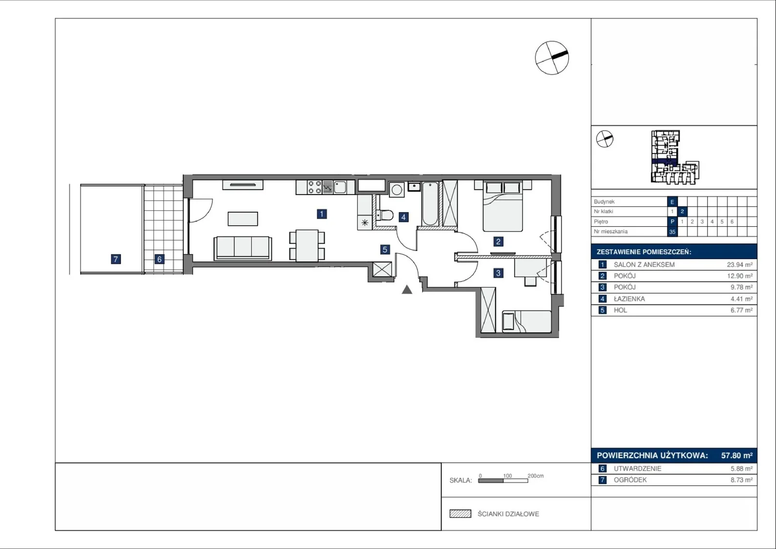 Floor plan: Lokal E 35, 3 pok.