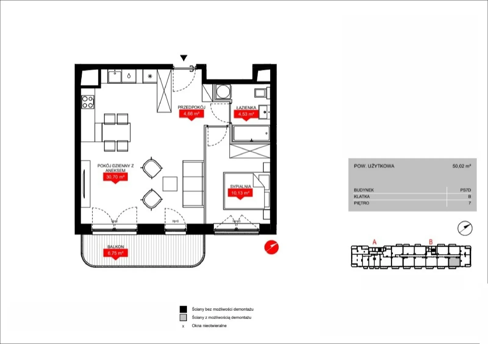 Floor plan: Lokal PS7D B/7/B0704, 2 pok.
