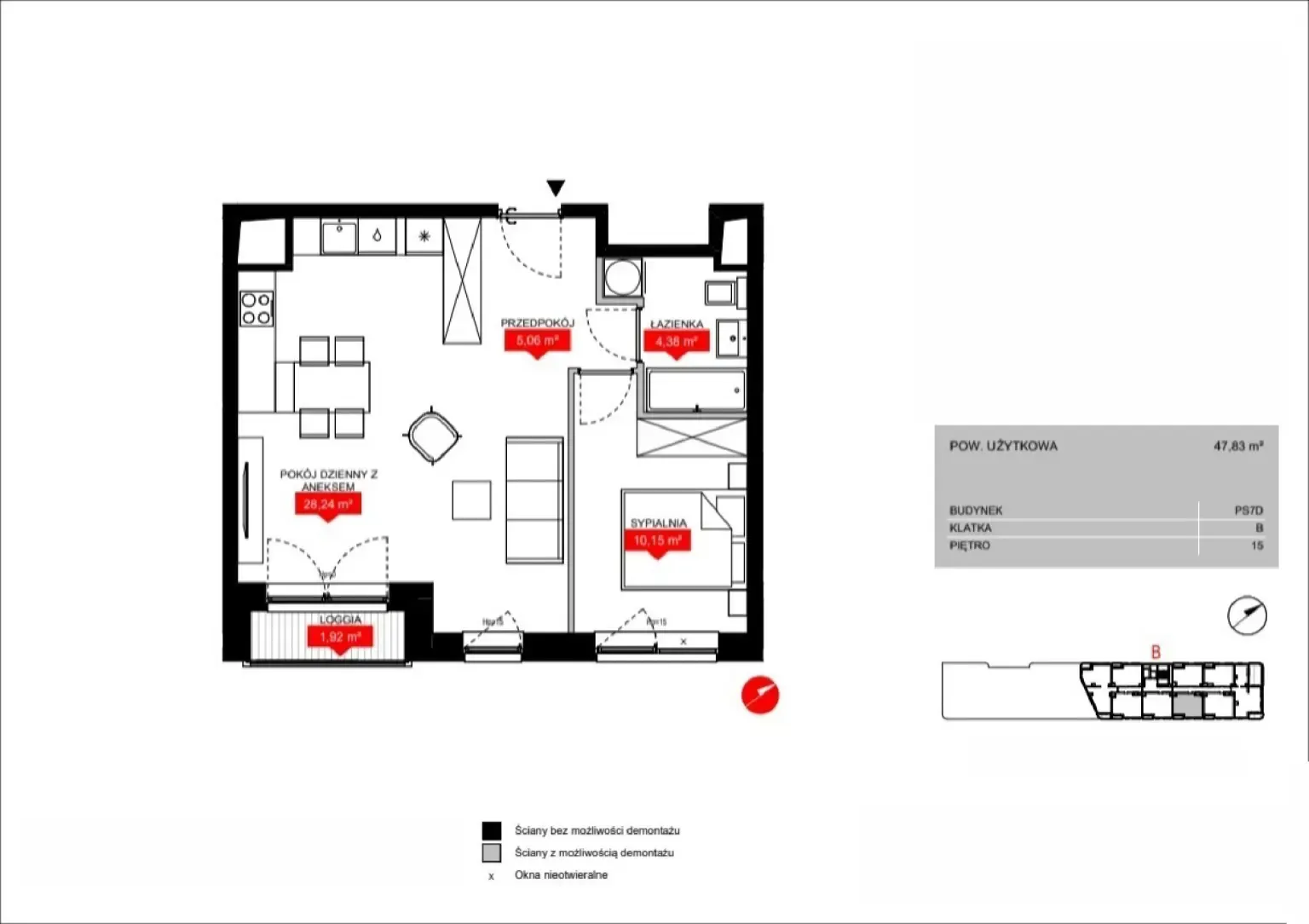 Floor plan: Lokal PS7D B/15/B1505, 2 pok.