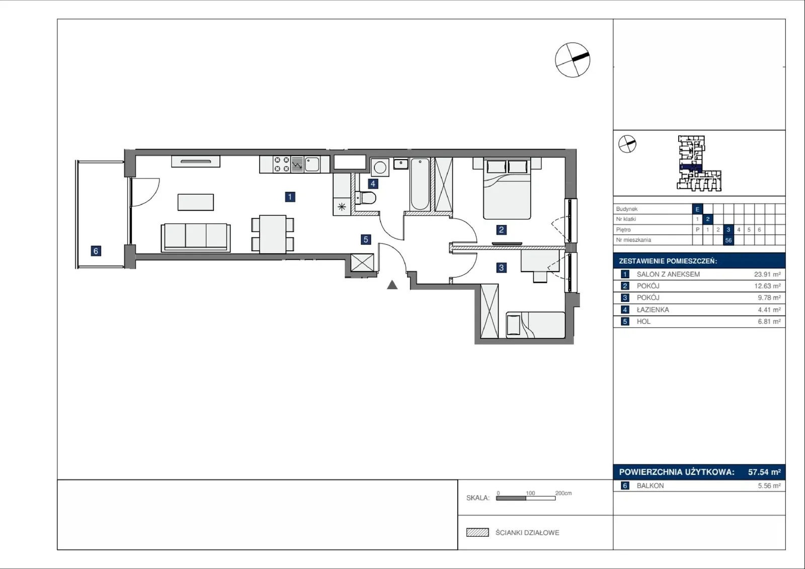 Floor plan: Lokal E 56, 3 pok.