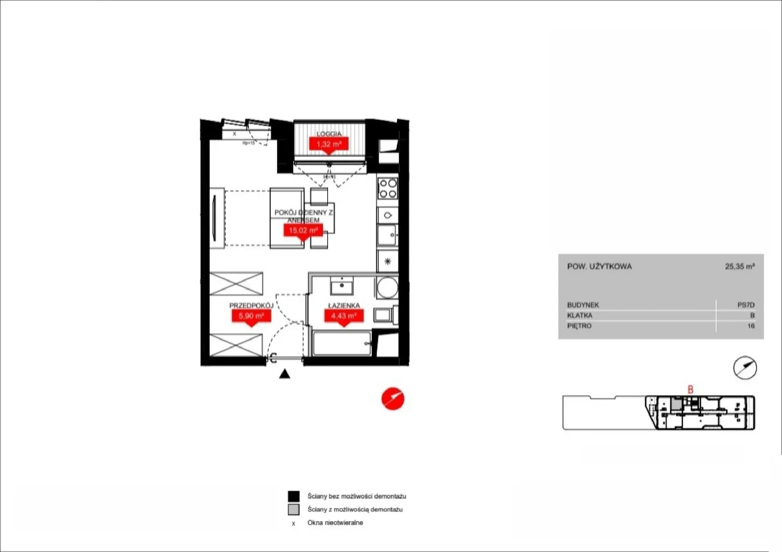 Floor plan: Lokal PS7D B/16/B1607, 1 pok.