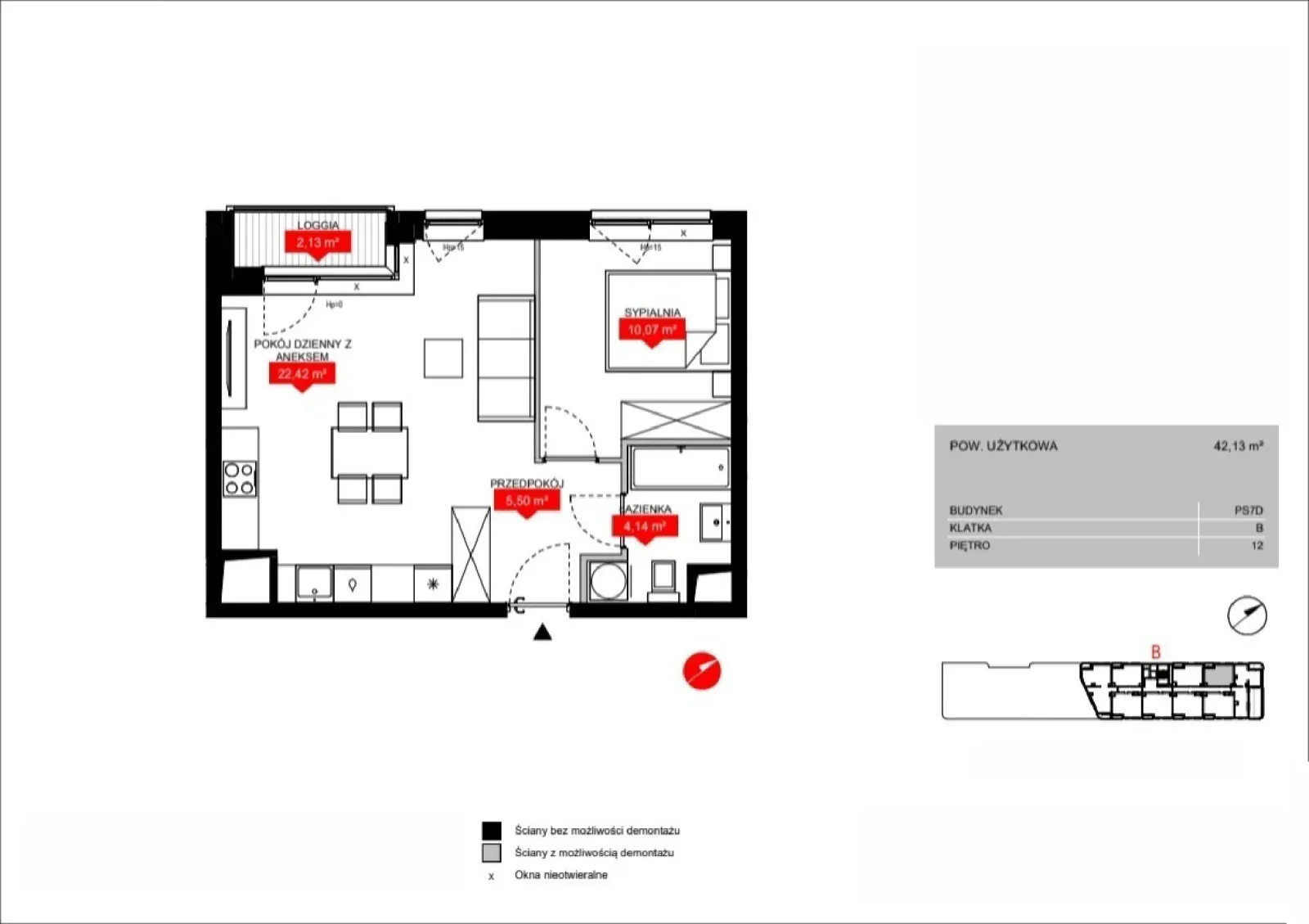 Floor plan: Lokal PS7D B/12/B1202, 2 pok.