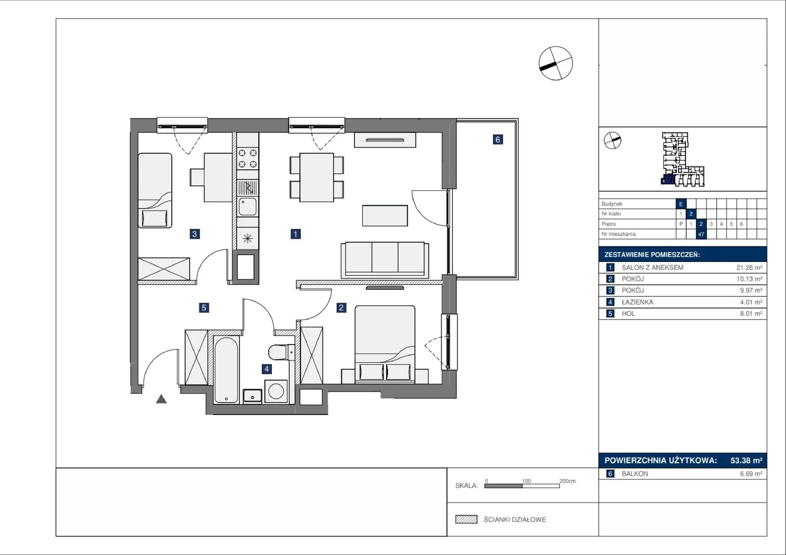 Floor plan: Lokal E 47, 3 pok.