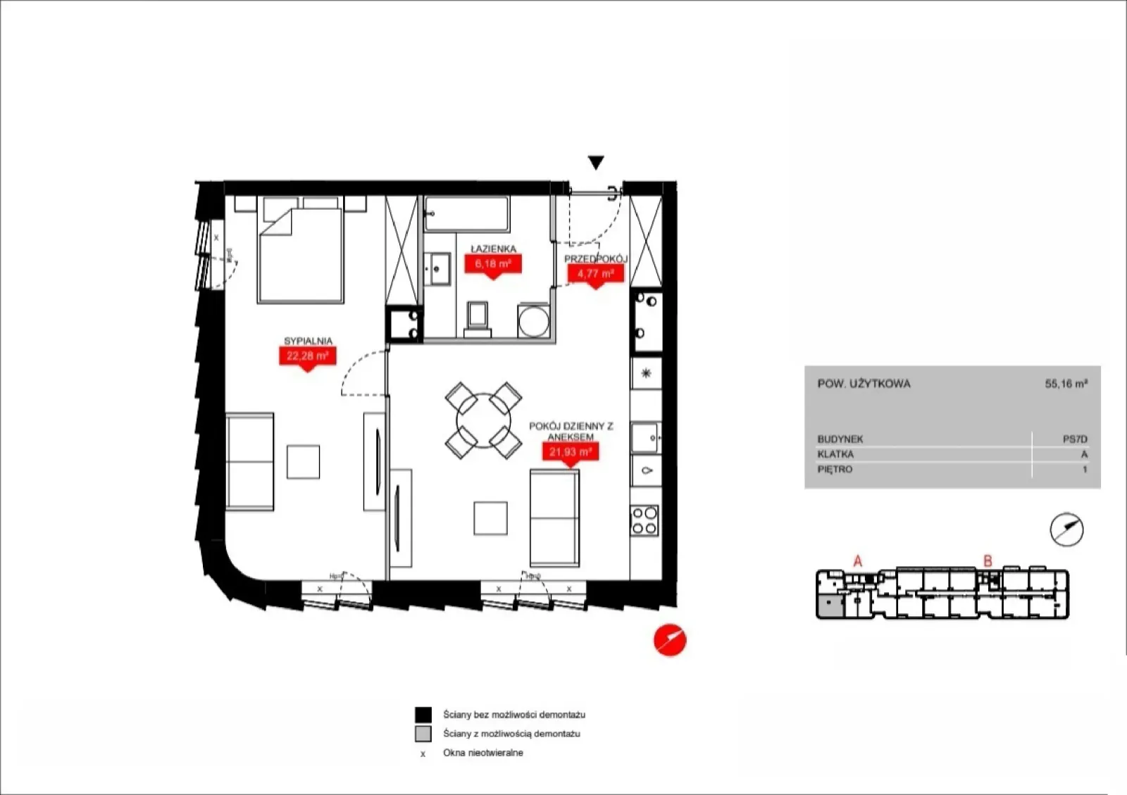 Floor plan: Lokal PS7D A/1/A0105, 2 pok.