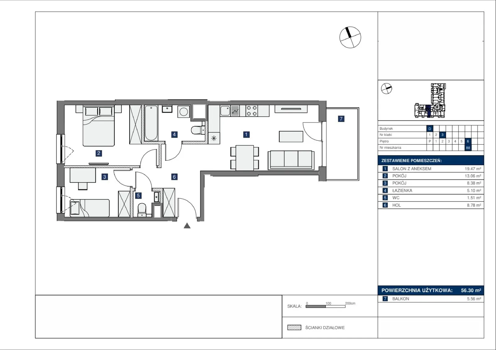 Floor plan: Lokal D 88, 3 pok.