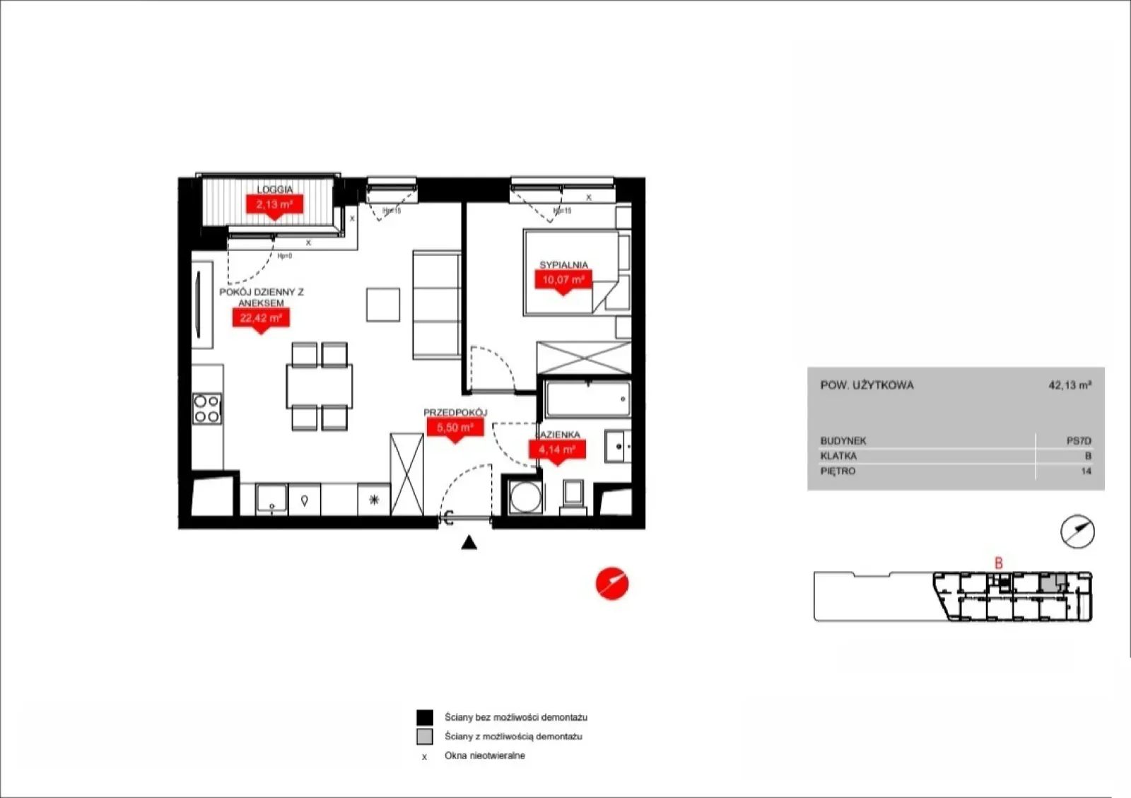 Floor plan: Lokal PS7D B/14/B1402, 2 pok.