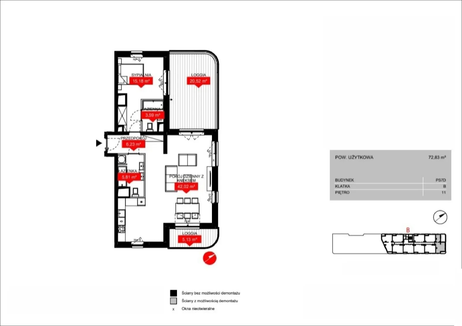 Floor plan: Lokal PS7D B/11/B1103, 2 pok.
