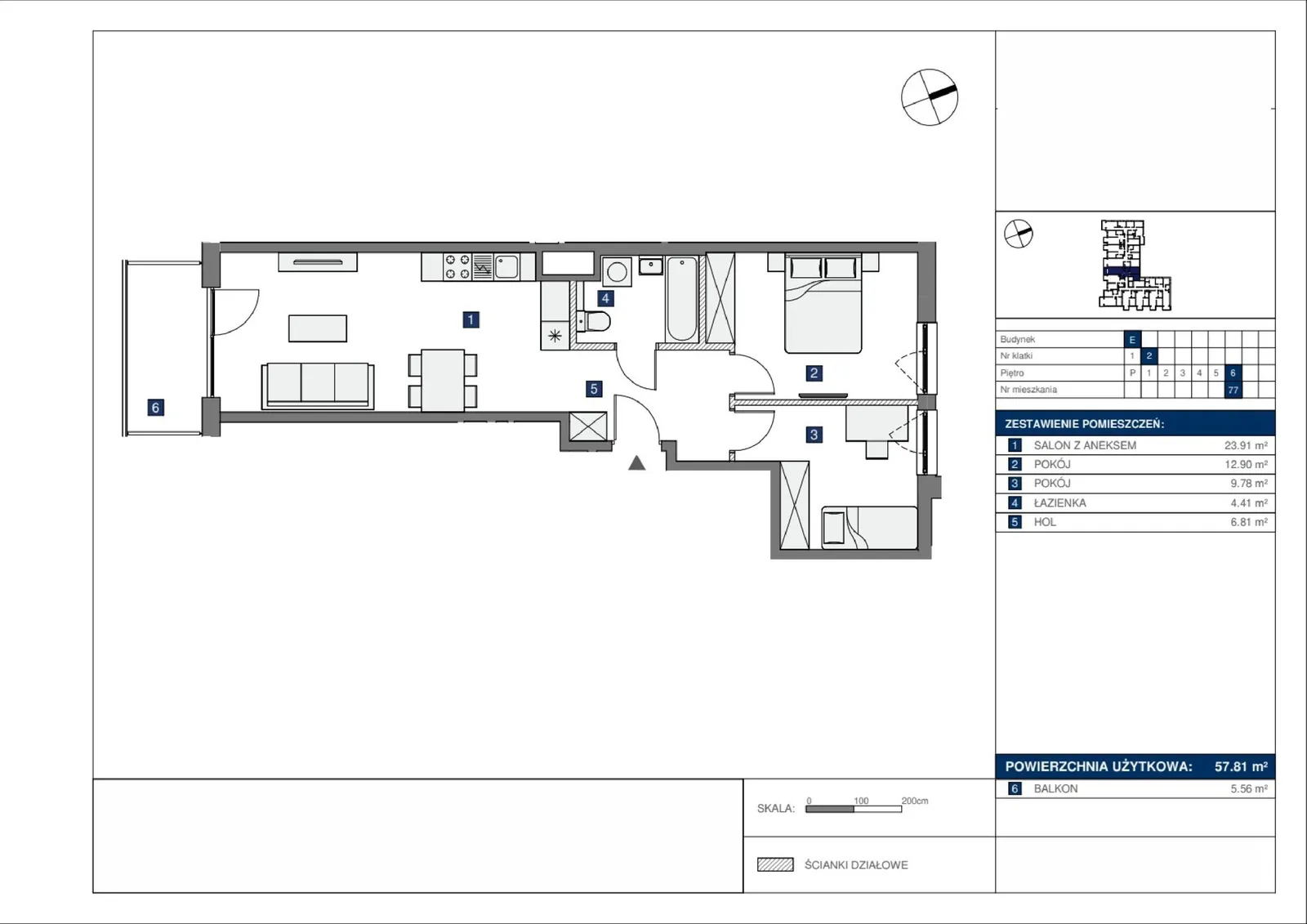 Floor plan: Lokal E 77, 3 pok.