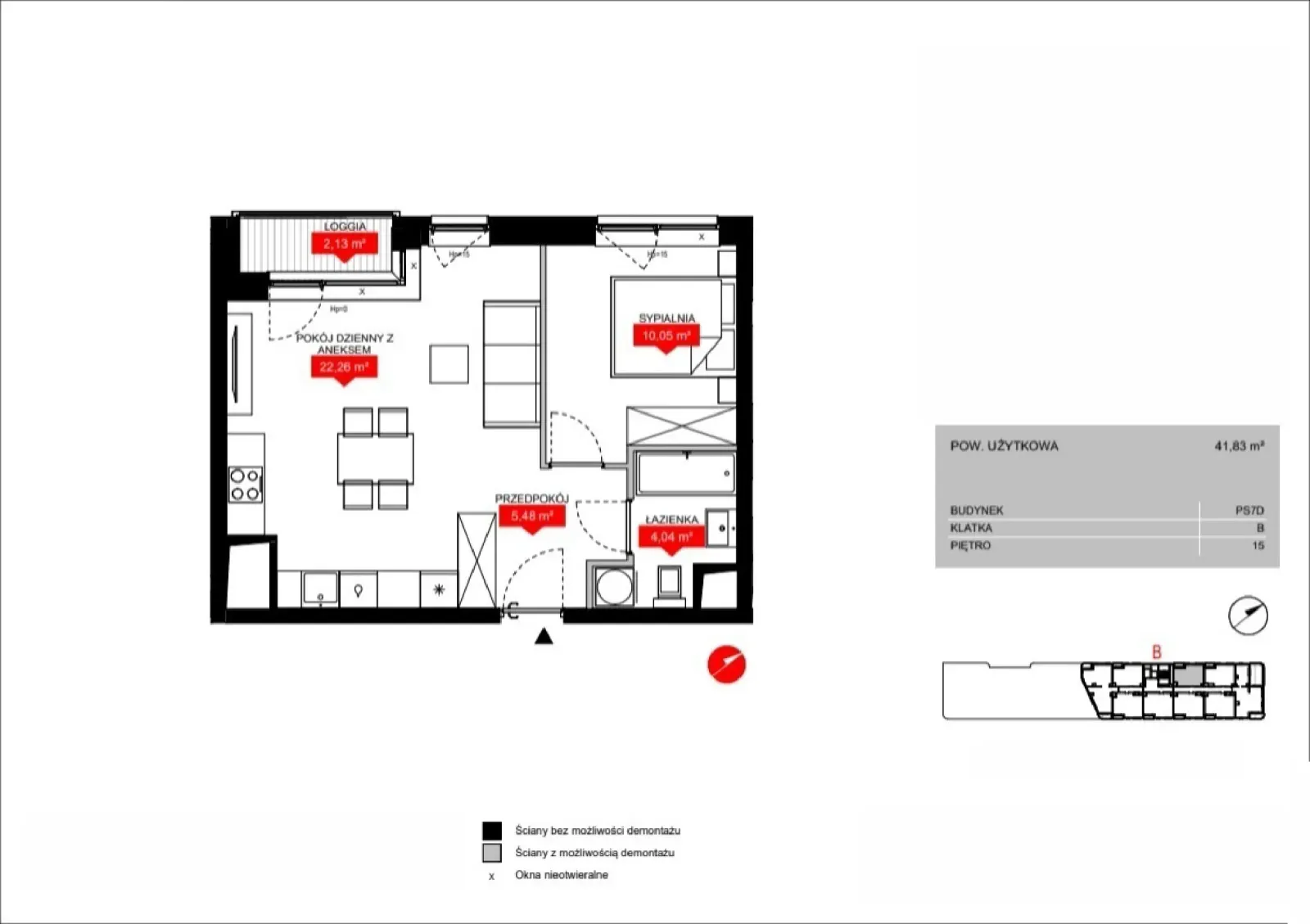 Floor plan: Lokal PS7D B/15/B1501, 2 pok.