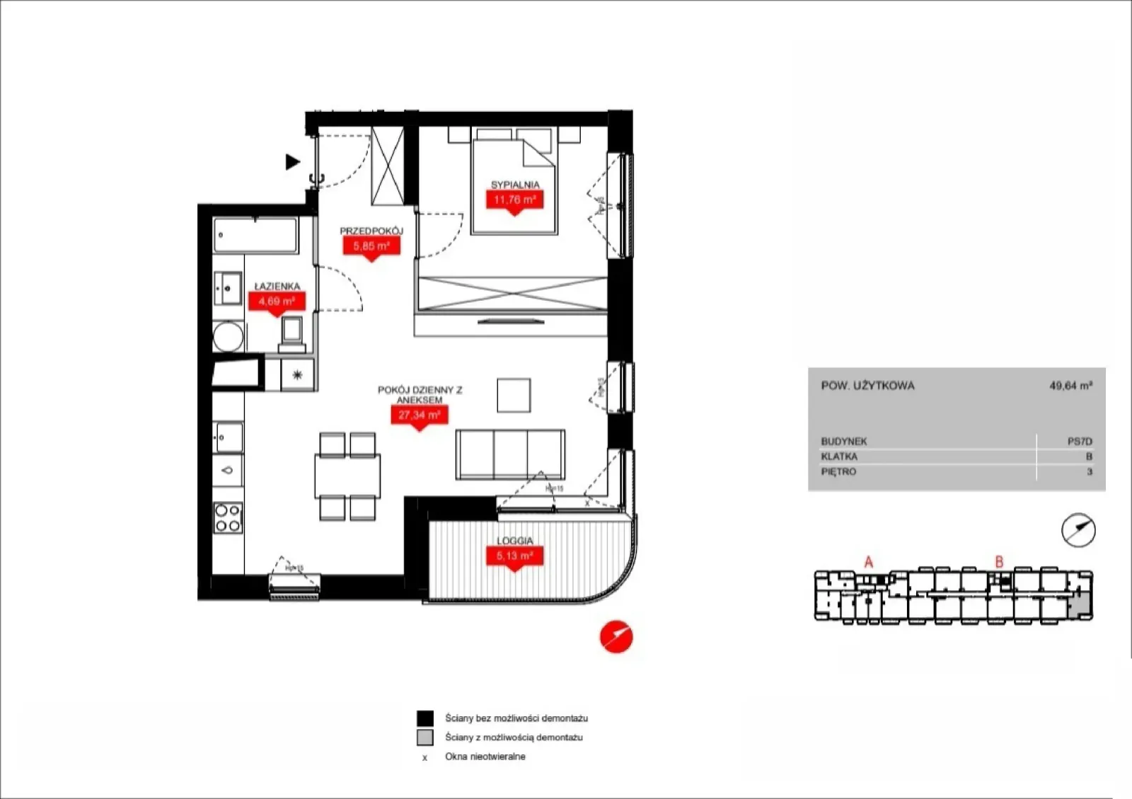 Floor plan: Lokal PS7D B/3/B0304, 2 pok.