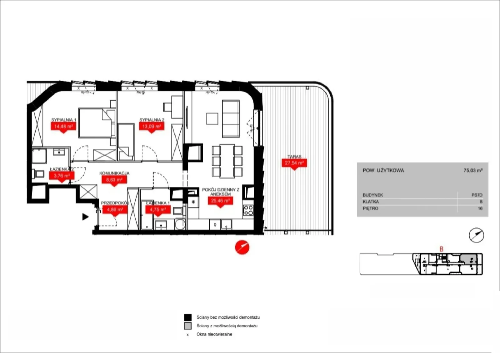 Floor plan: Lokal PS7D B/16/B1602, 3 pok.
