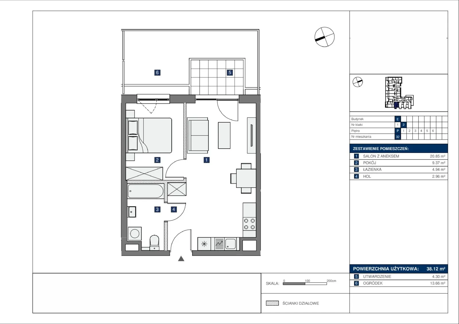 Floor plan: Lokal E 32, 2 pok.
